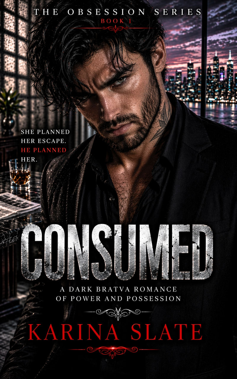 Book cover of 'Consumed' by Karina Slate featuring a man in a dark setting.